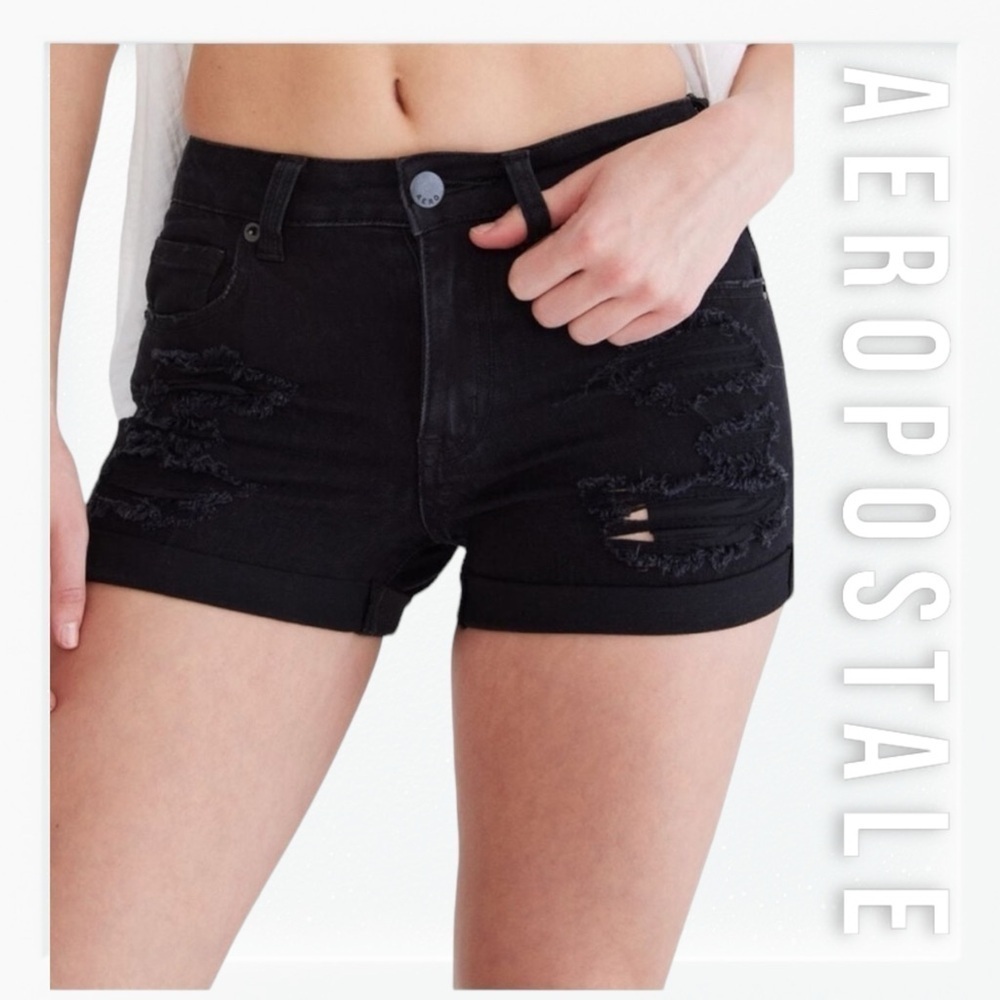 NWT Aero Black High Rise Midi Distressed Jean Shorts sz 10